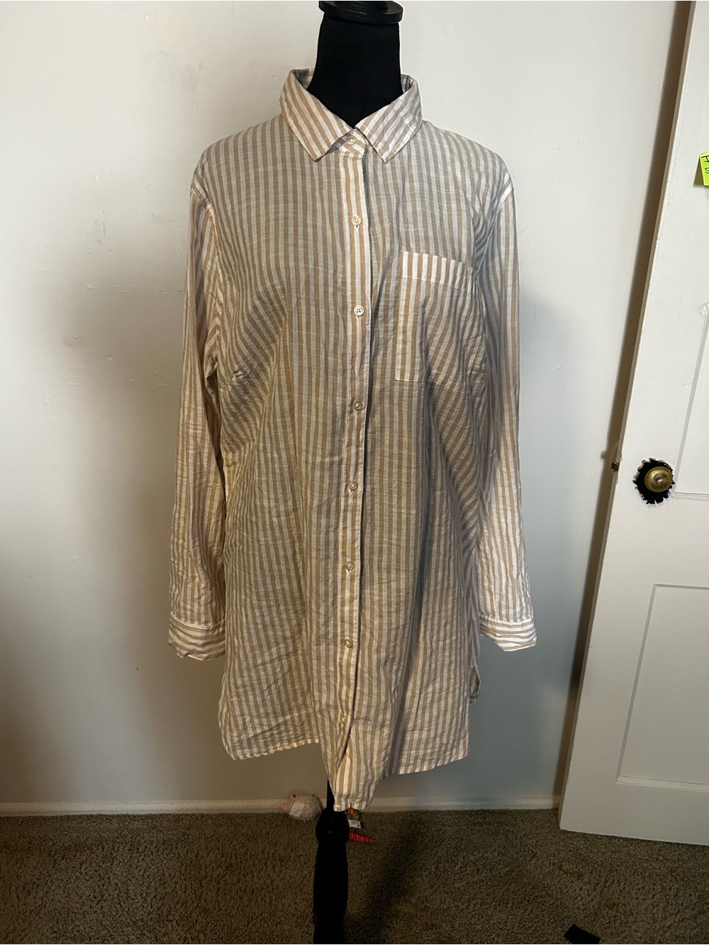 dip Beige and White Vertical Stripe Button-Up Tunic